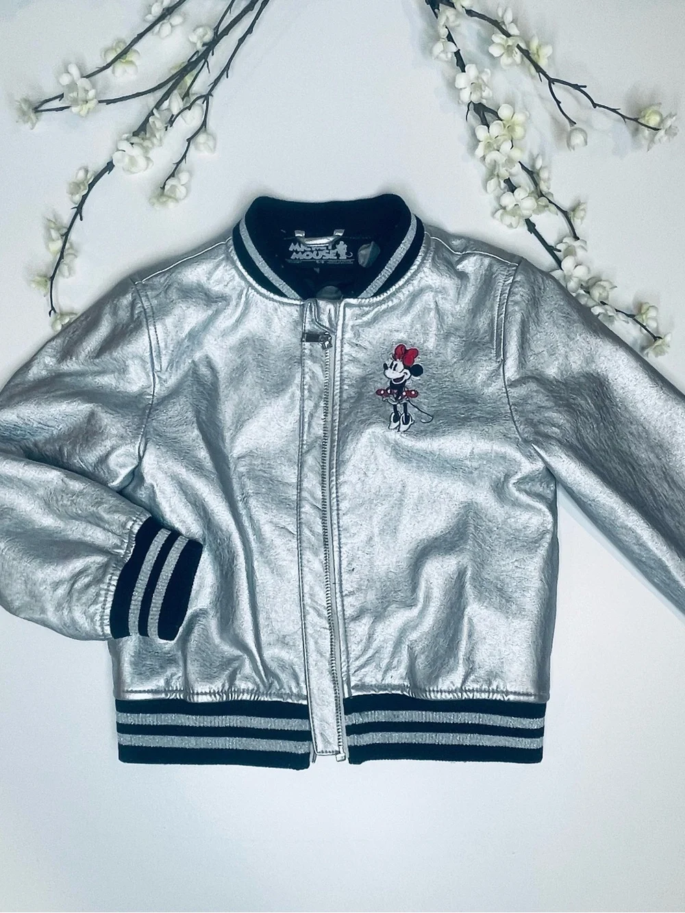 Disney Silver Minnie Mouse Metallic Bomber Jacket with Black Trim